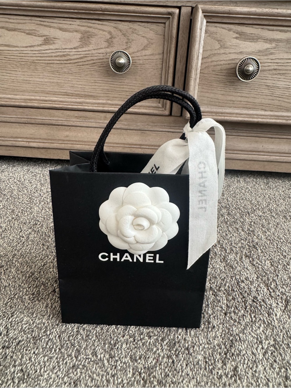 Empty Small Chanel Paper Bag with ribbon and flower